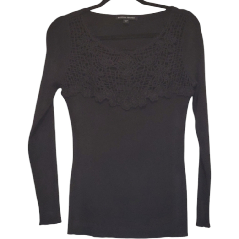 Boston Proper Black Ribbed Knit Sweater Crochet Lace Neckline Sz M - Picture 9 of 13